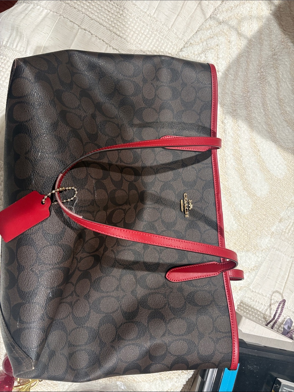 Coach Brown Logo Tote with Red Trim
